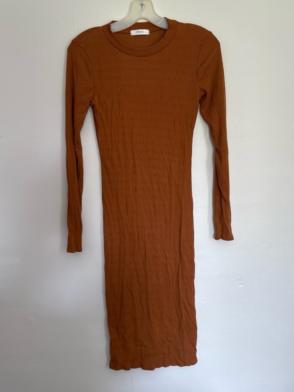 Pink blush Long Sleeve Ribbed Midi Dress in Rust